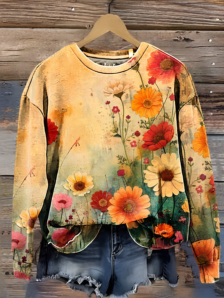 

Vintage Floral Art Print Casual Sweatshirt, Yellow, Hoodies&Sweatshirts