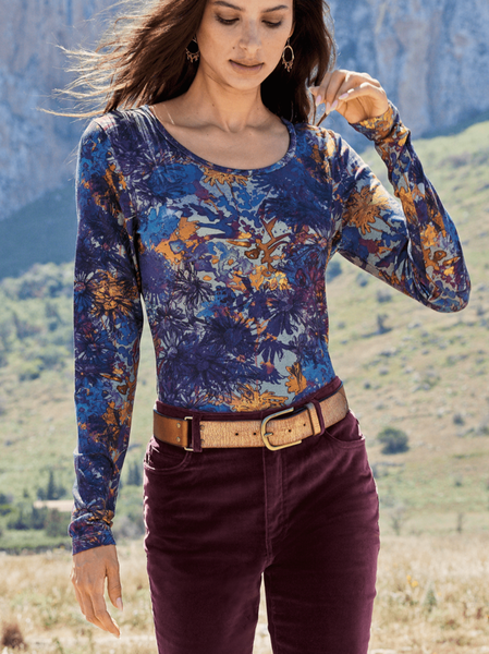 

Casual Floral Crew Neck Long Sleeve T-shirt, Blue, T-shirts