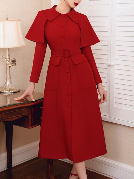 

Elegant Shawl Collar Regular Sleeve Dress With Belt, Red, Midi Dresses