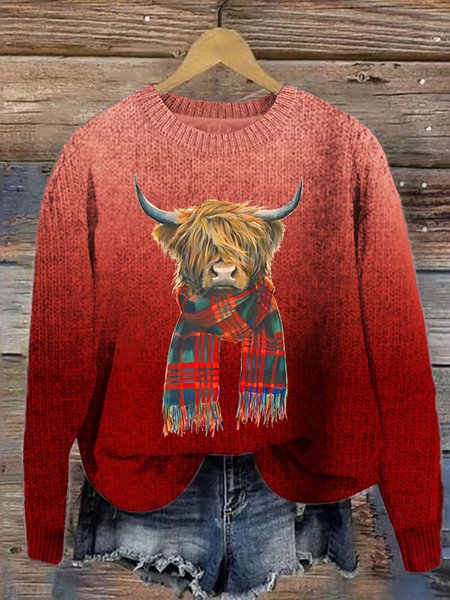 

Women's Cute Highland Cow Print Knitted Crew Neck Sweater, Red, Sweaters