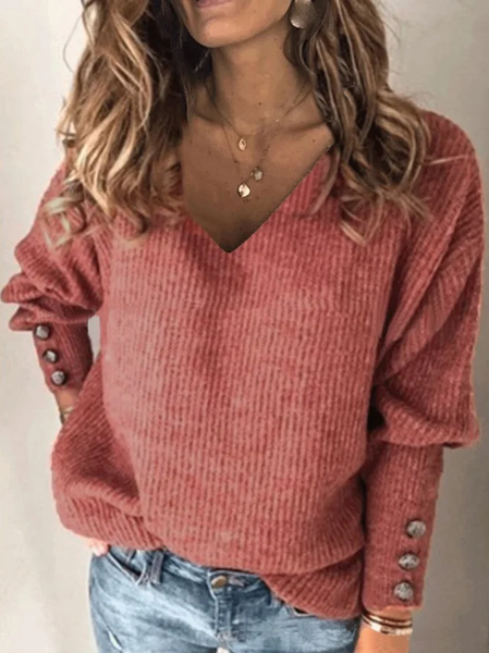 

V Neck Casual Loose Plain Sweater, Coral, Sweaters & Cardigans