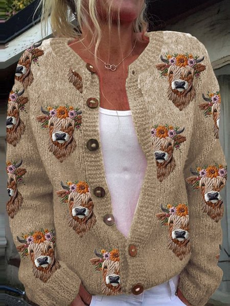

Western style high earth cow button sweater cardigan, Brown, Cardigans