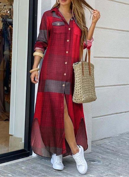 Shawl Collar Casual Loose Shirt Dress With No, Gray, Maxi Dresses