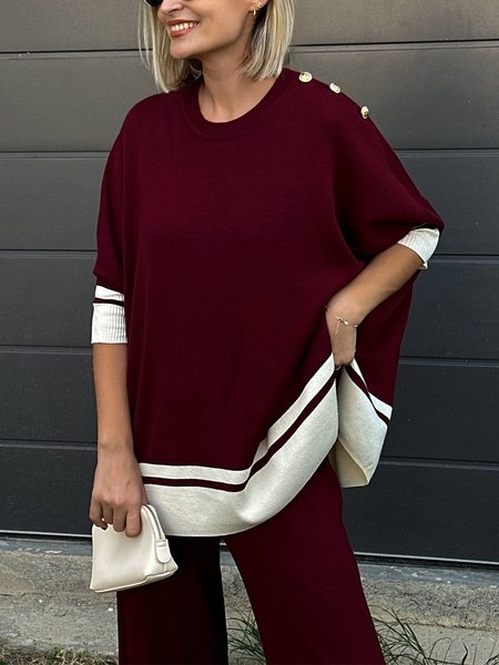 

Color Block Crew Neck Loosen Casual Raglan Sleeve Sweater, White-red, Pullovers
