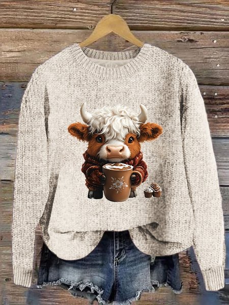 

Women's Cute Highland Cow Print Knitted Crew Neck Sweater, Apricot, Sweaters