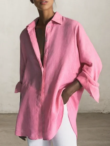 

Washed Fabric Shirt Collar Linen Shirt, Pink, Long/Full Length Sleeve
