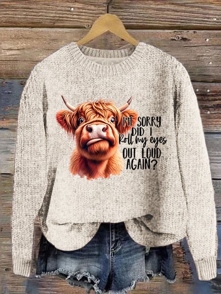

Women's Highland Cow Print Knitted Crew Neck Sweater, Apricot, Sweaters