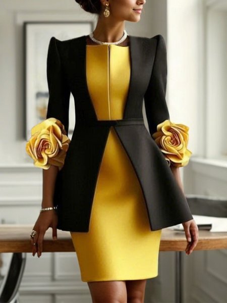 

Regular Sleeve Color Block Urban Square Neck Mini Dress, Black-yellow, Mini Dresses
