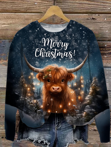 

Women's Christmas Cute Highland Cow Printed Crew Neck Sweatshirt, As picture, Hoodies&Sweatshirts