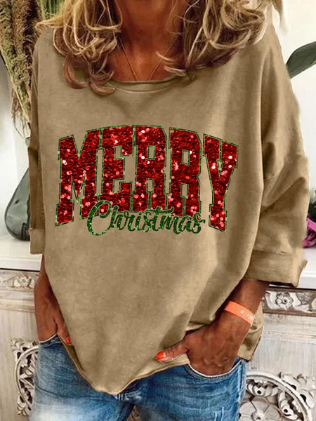 

Sequin Print Merry Christmas Casual Sweatshirt, Khaki, Hoodies&Sweatshirts
