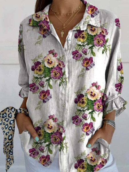 

Floral Shirt Collar Casual Shirt, White, Blouses