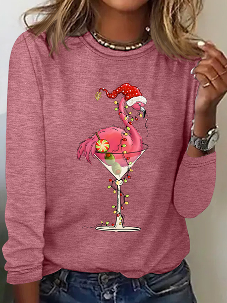 Christmas Flamingo Casual Long Sleeve Shirt, Watermelon, Long sleeves