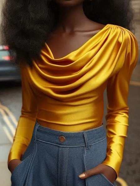 

Regular Fit Urban Plain Cowl Neck Blouse, As picture, Blouses and Shirts
