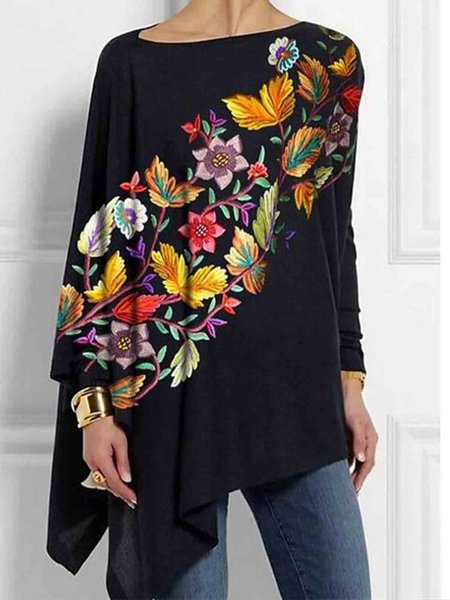 

Raglan Sleeves Floral Crew Neck Casual Blouse, As picture, Blouses and Shirts