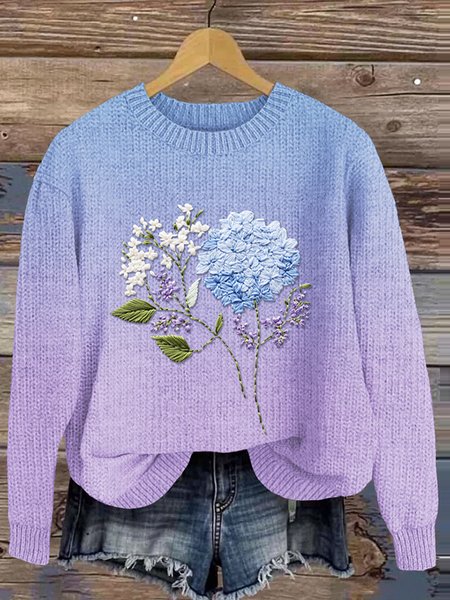 Floral Art Gradient Round Neck Sweater, Light blue, Sweaters