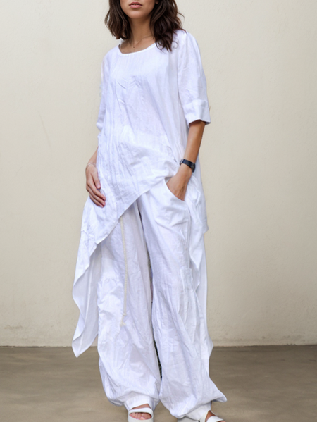 

Crew Neck Loose Plain Linen Two-Piece Set, White, Suits