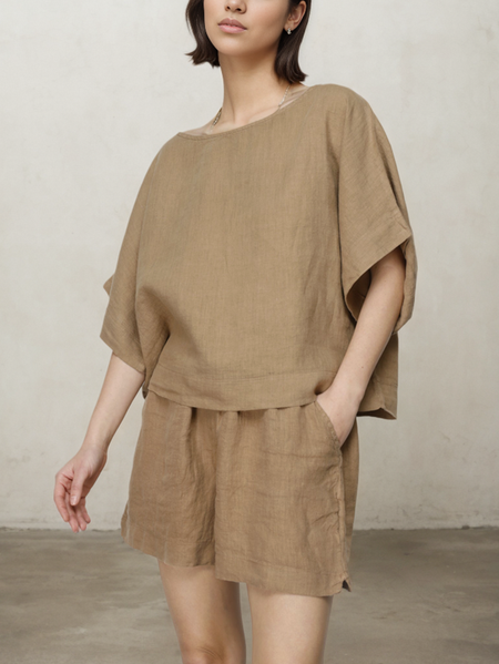 

Crew Neck Linen Two-Piece Set, Deep khaki, Suits