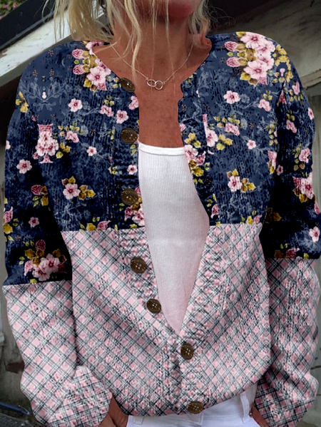 

Vintage Crew Neck Knitted Cardigan, As picture, Cardigans