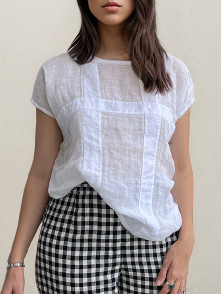 

Women Plain Crew Neck Linen Short Sleeve T-shirt, White, Blouses & Shirts
