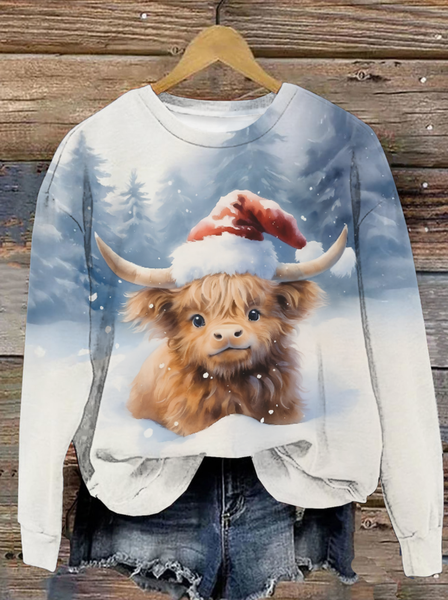 Women's Christmas Cute Highland Cow Printed Crew Neck Sweatshirt, As picture, Hoodies&Sweatshirts