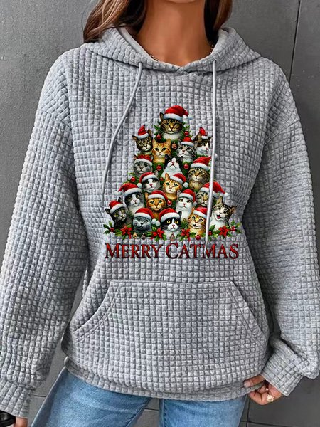 

Merry Christmas Cats Art Print Simple Loose Hoodie, Gray, Hoodies&Sweatshirts