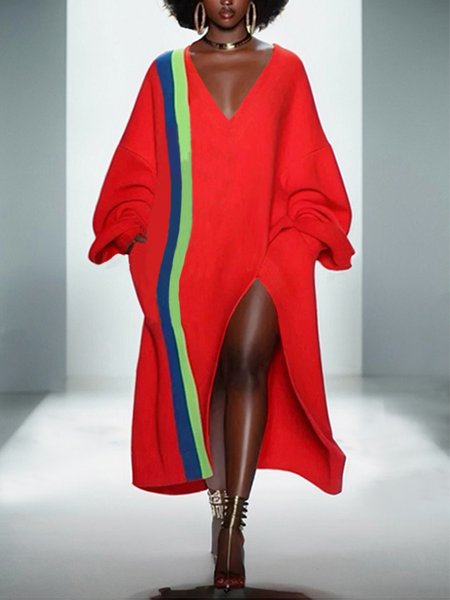 

Casual Color Block Side-Slit Raglan Sleeve Loose Sweater Midi Dress, Red, Midi Dresses
