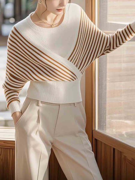 

Casual Striped Raglan Sleeves Crew Neck Sweater, As picture, Pullovers