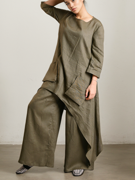 

Plain Linen Two-Piece Set, Army green, Suits