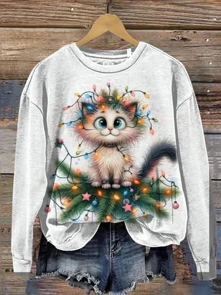 

Christmas Cat Art Print Casaul Sweatshirt, White, Hoodies&Sweatshirts