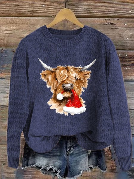 

Women's Christmas Highland Cow Print Knitted Crew Neck Sweater, Blue, Sweaters