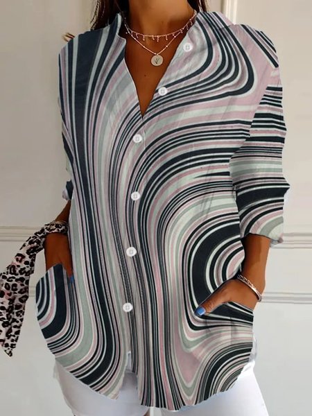 

Shirt Collar Long Sleeve Geometric Regular Loose Shirt For Women, Multicolor, Shirts