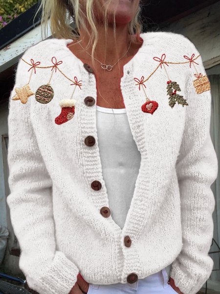 Christmas floral button sweater cardigan, White, Cardigans