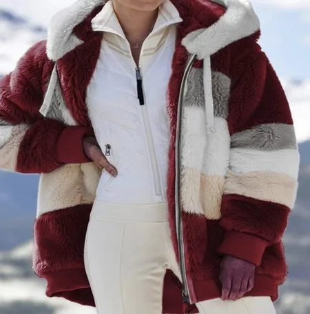 

Casual Contrast Stitching Teddy Jacket, Wine red, Outerwear