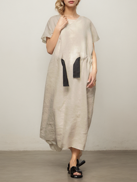

Linen Loose Plain Dress With No, Khaki, Maxi Dresses