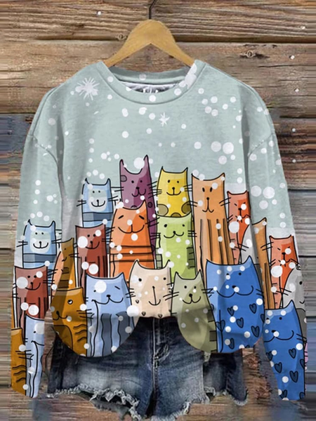 

Women's Christmas Cat Print Sweatshirt, Blue, Hoodies&Sweatshirts