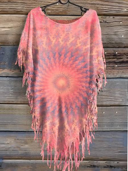 

Women's Vintage Tie Dye Print Punk Hippie Batwing Tussle Fringes Poncho T-Shirt, Pink, T-shirts