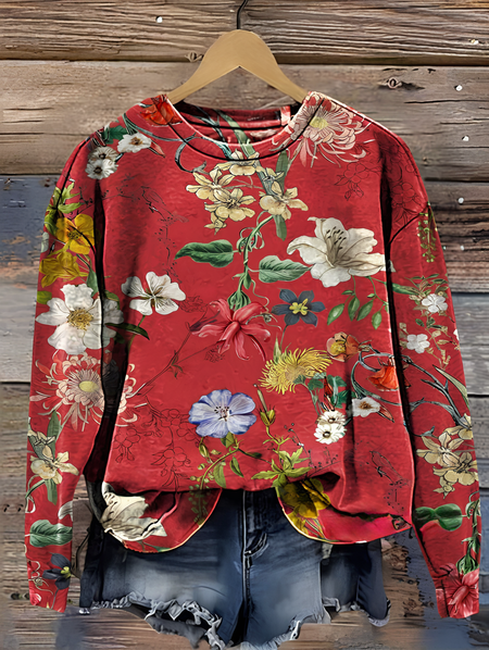 

Vintage Floral Print Casual Sweatshirt, Red, Hoodies&Sweatshirts