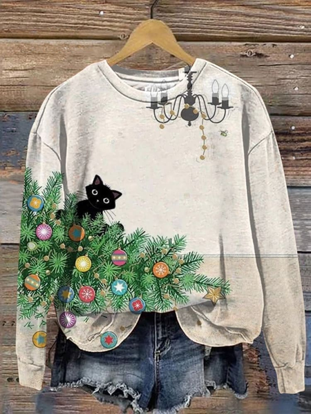 

Christmas Cat Art Print Casaul Sweatshirt, Apricot, Hoodies&Sweatshirts