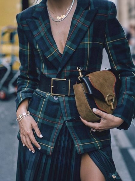 

Plaid Regular Fit Regular Sleeve Urban Blazer With No Belt, Green, Blazers