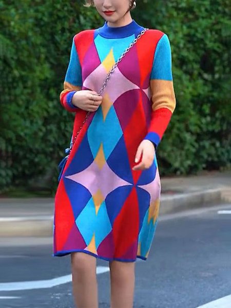 

Casual Mock Neck Regular Sleeve Sweater Dress, As picture, Midi Dresses