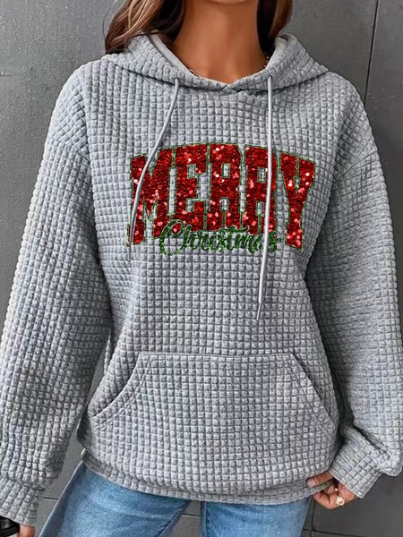 

Sequin Print Merry Christmas Simple Loose Hoodie, Gray, Hoodies&Sweatshirts