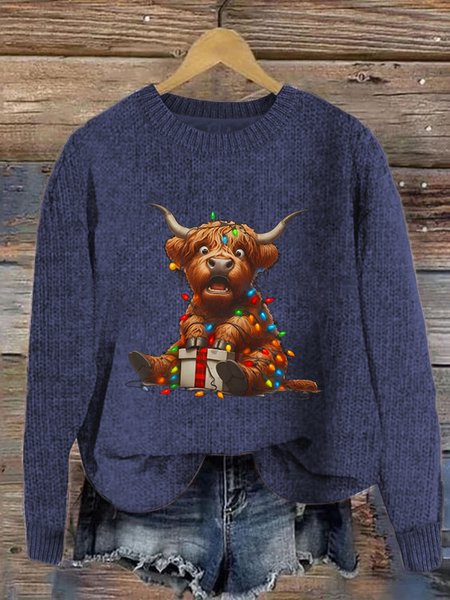 

Women's Cute Highland Cow Print Knitted Crew Neck Sweater, Blue, Sweaters