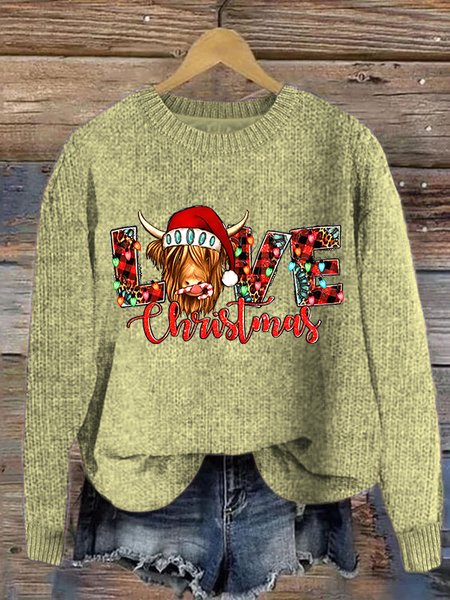 

Women's Christmas Highland Cow Print Knitted Crew Neck Sweater, Green, Sweaters