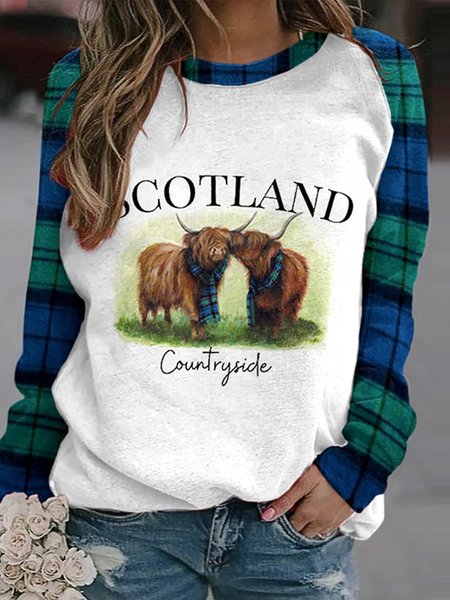 

Scottish Highlands Beef Color blocked Round Neck Sweatshirt, White, Hoodies&Sweatshirts