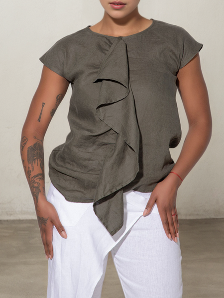 

Women Plain Crew Neck Linen Short Sleeve T-shirt, Gunmetal, Blouses & Shirts