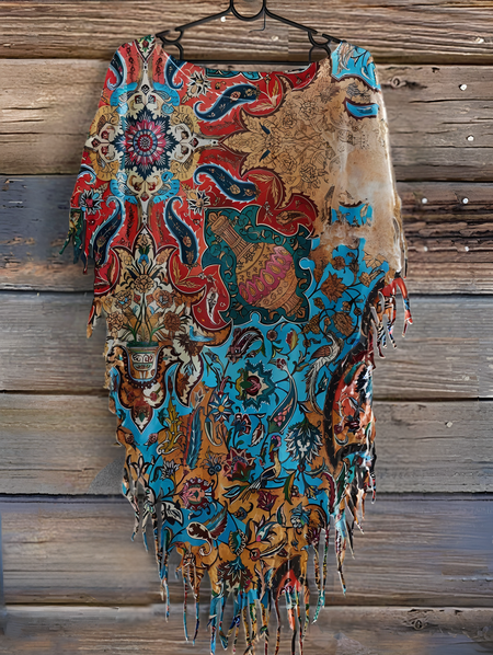 

Women's Vintage Print Punk Hippie Batwing Tussle Fringes Poncho T-Shirt, Brown, T-shirts