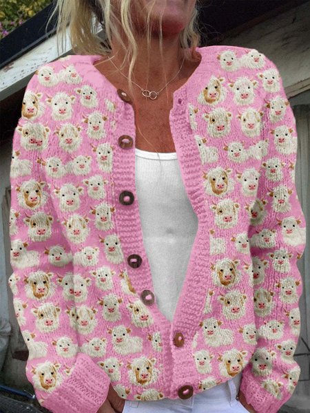 

Christmas Cute Highland Cow Button Sweater Cardigan, Pink, Cardigans