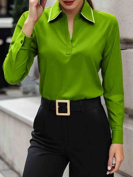 

Plain Regular Fit Shirt Collar Long Sleeve Urban Shirt, Green, Blouses and Shirts