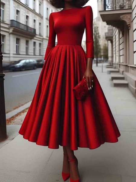 

Elegant Crew Neck Plain Regular Sleeve Regular Fit Dress, Red, Maxi Dresses