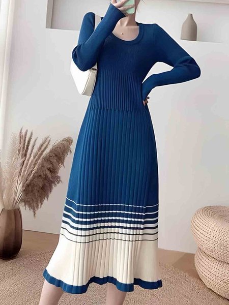 

Elegant Crew Neck Color Block Long Sleeve Sweater Dress, Blue, Midi Dresses
